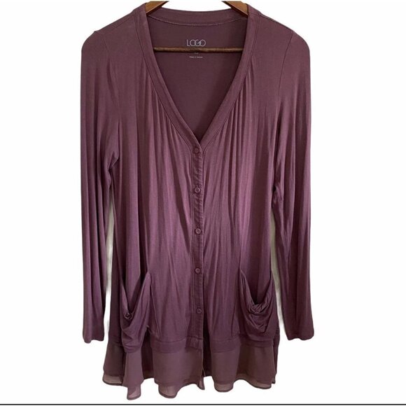 LOGO by Lori Goldstein Women's Mauve Ruffle Sheer Hem Pockets Cardigan Size XS - Picture 1 of 7